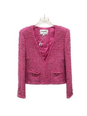 Chanel Rose Pink Cotton Tweed V-Neck Jacket